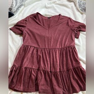 SHEIN Maroon V-Neck Tiered Short Sleeve Top